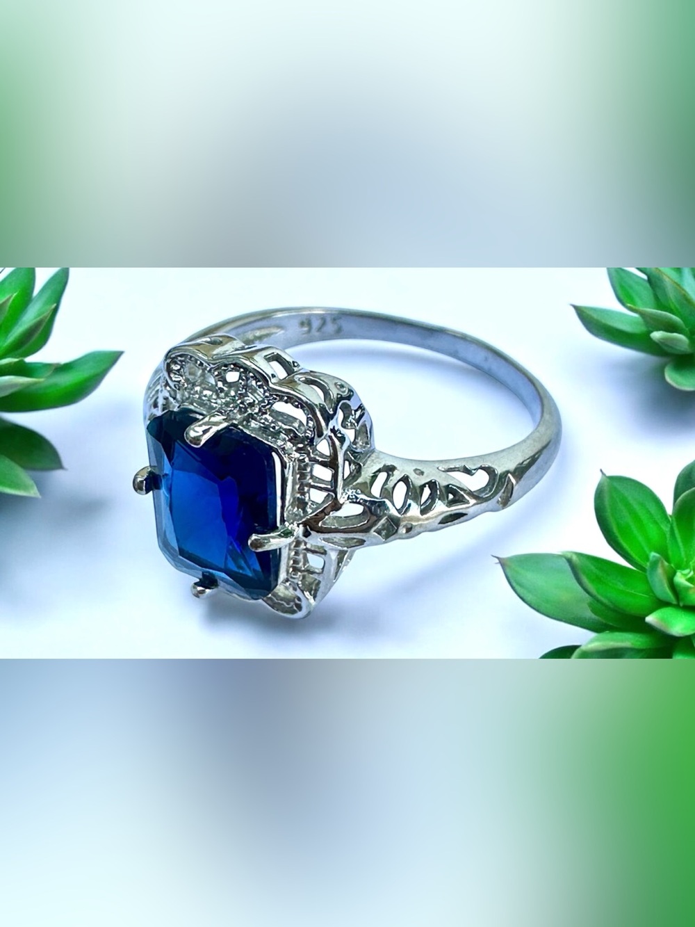 925 Sterling Silver Blue Sapphire Filigree Ring Size 9